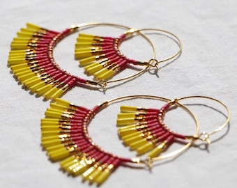 B.O. BAMBOU Gold hoop earrings with Miyuki pearl fringes, 24K gold plated, yellow, raspberry pink - Boho Chic - Christmas gift for women