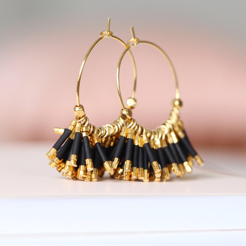 Gold Plated 24k Wedding Art Deco Miyuki Pearls Summer GATSBY Golden Creoles Fine Gold 24 carats B.O Black Mate Boho Chic Retro