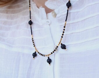 PSYLLE - 24K gold plated necklace, lava stones, black Swarovski and Miyuki beads, Boho/Rock style - Christmas gift for women.