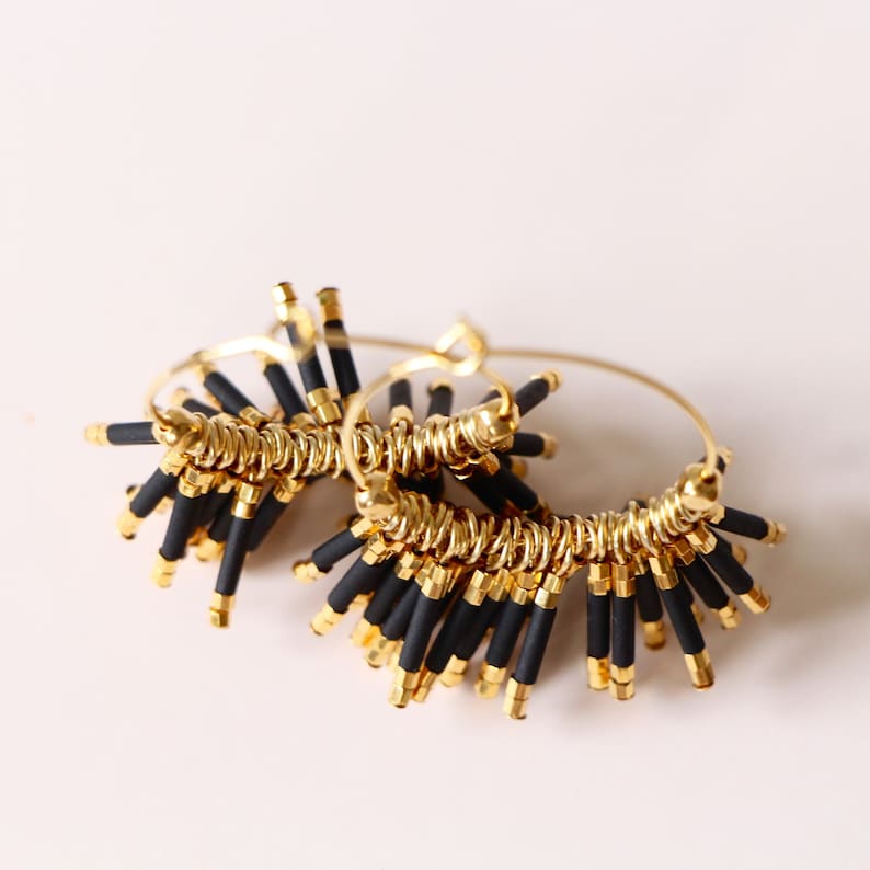 Gold Plated 24k Wedding Art Deco Miyuki Pearls Summer GATSBY Golden Creoles Fine Gold 24 carats B.O Black Mate Boho Chic Retro