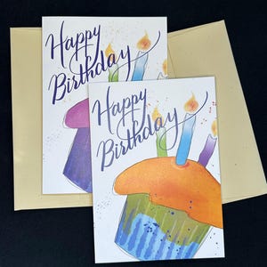 Set of Six Greeting Cards, Happy Birthday Cupcakes, FREE shipping