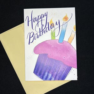 Happy Birthday Purple Cupcake Greeting Card, Note Card, FREE shipping