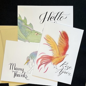 Set van zes wenskaarten Inkt en aquarel Mythische wezens Bedankt, aanmoediging beterschap, alle gelegenheden, blanco binnenkant, GRATIS verzending