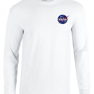 Camiseta de manga comprida bordada branca com logotipo de almôndega da NASA - até 3 vezes - aprovada pela NASA - frete grátis