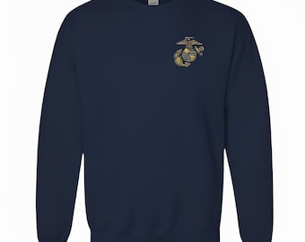 USMC Embroidered Eagle Globe Anchor EGA Crew Neck Sweatshirt - Navy Blue - Fully Licensed - All sizes up to 3X- Free Shipping