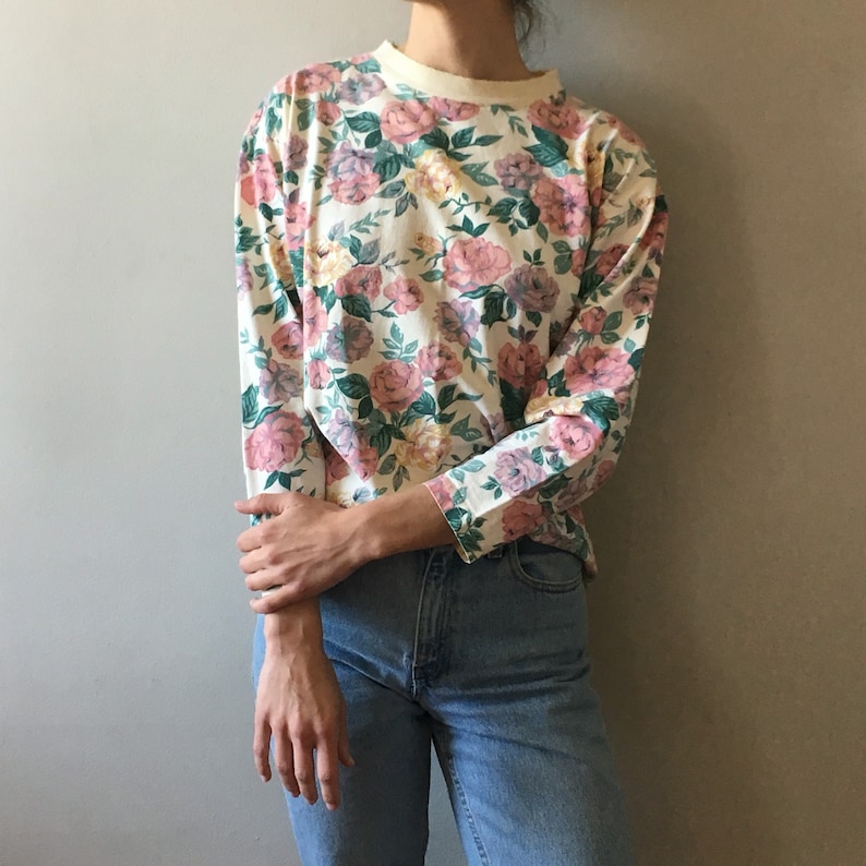 Vintage 90/'s long sleeve cotton floral crewneck top