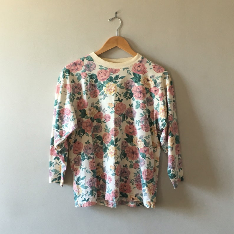 Vintage 90/'s long sleeve cotton floral crewneck top
