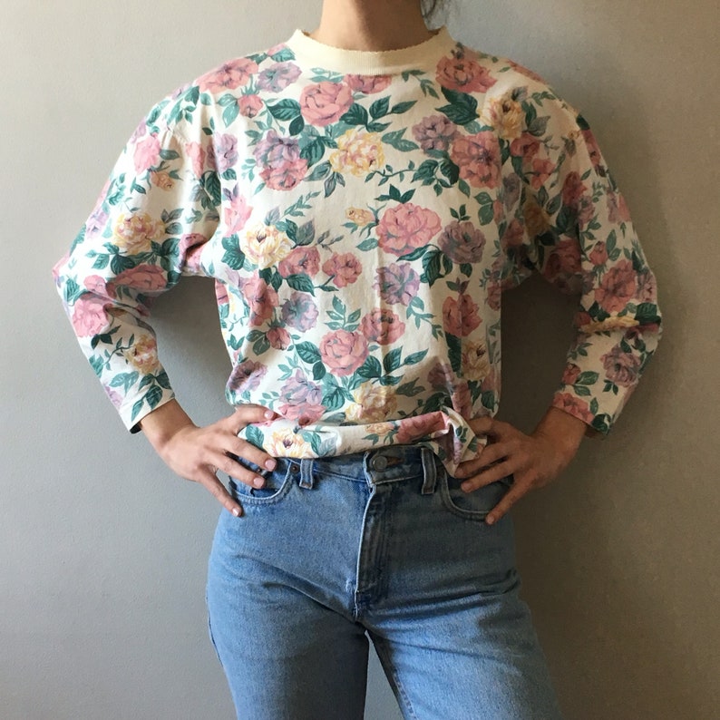 Vintage 90/'s long sleeve cotton floral crewneck top