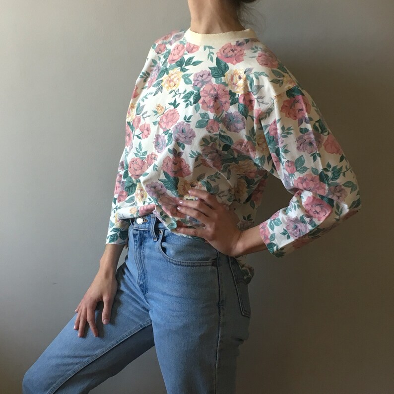 Vintage 90/'s long sleeve cotton floral crewneck top