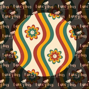 May include: A retro-style design featuring a central cream-colored circle with wavy stripes in red, yellow, and teal, adorned with smiling flower graphics. The background is a repeating pattern of the text "Laney Bug Design Co."