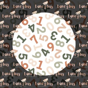 Könnte beinhalten: Ein digitales Design mit einem weißen Kreis, der mit grünen, orangefarbenen und beigen Zahlen gefüllt ist. Der Hintergrund ist ein dunkelgraues Muster mit dem Text "Laney Bug Design Co." und floralen Akzenten.