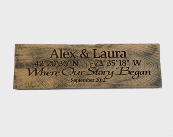 Customizable "Where Our Story Began" Laser Engraved Rustic Wooden Sign with Coordinates & Location