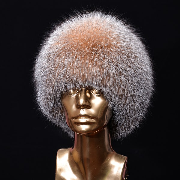 Rare Gold Frost Fox Fur Ladies Beanie Cossack Winter Hat