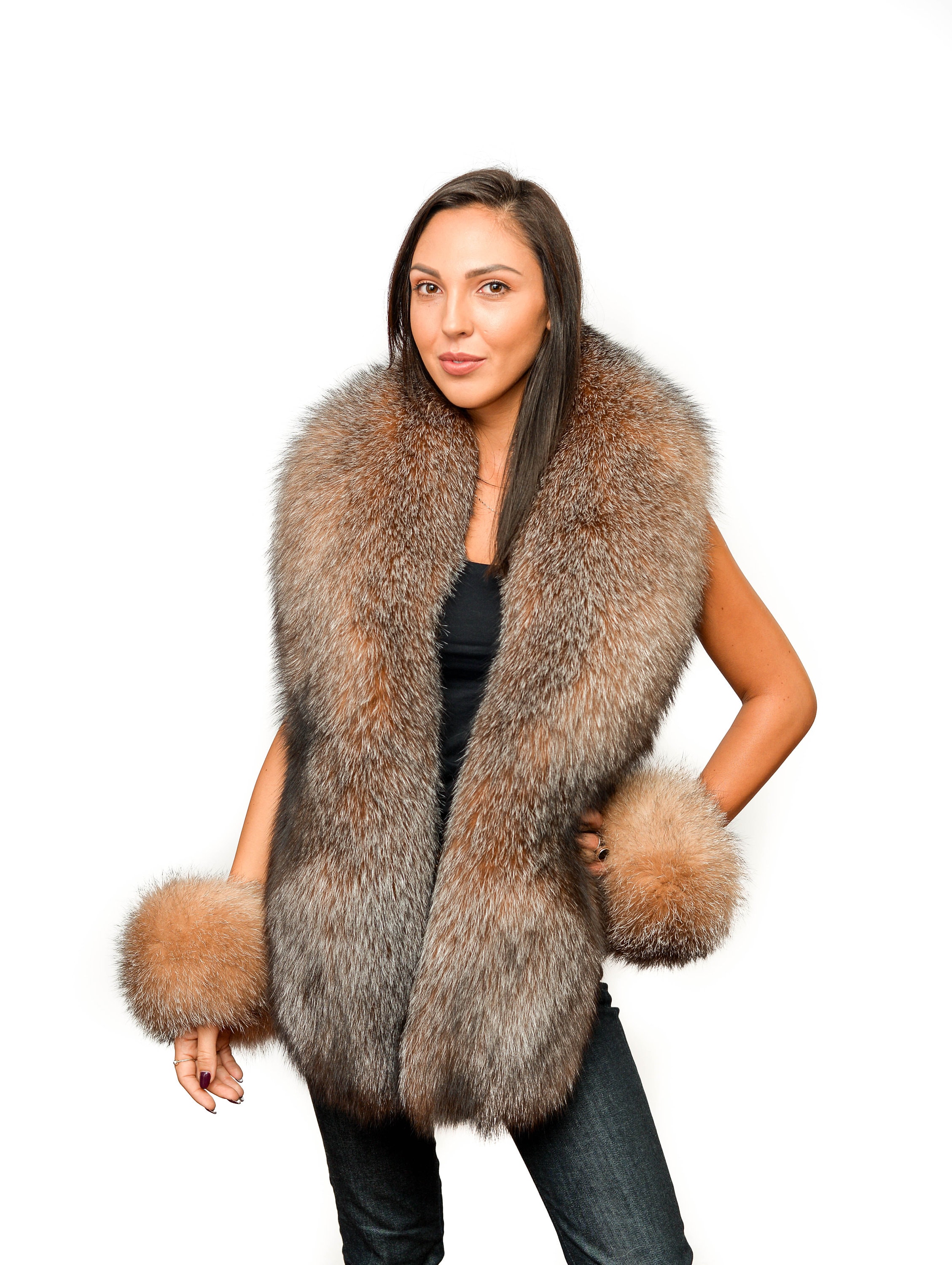 Premium Saga Furs Black Fox Fur Women's Furry Luxurious Headband Scarf 