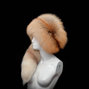 Gold Fox Fur Ladies Fancy Beanie Beret Bubble Style Hat + Tail