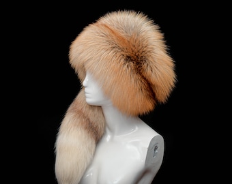 Goudkleurige vossenbont dames fancy beanie baret bubbelstijl hoed + staart