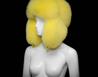 Genuine Yellow Arctic Shadow Fox Fur Fancy Ladies Aviator Bomber Cap Hat