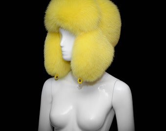 Genuine Yellow Arctic Shadow Fox Fur Fancy Ladies Aviator Bomber Cap Hat