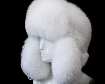 Genuine Snow White Shadow Fox Fur Handmade Massive Bomber Aviator Posh Hat