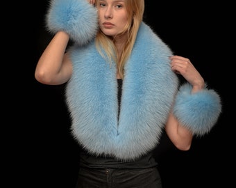 Saga Furs Soft Blue Arctic Fox Fur Collar Scarf Boa Shawl + Cuffs