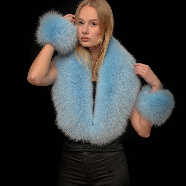 Saga Furs Soft Blue Arctic Fox Fur Collar Scarf Boa Shawl + Cuffs