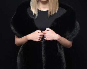 Jet Black Two Sides Fox Fur Giant Stole Wrap Boa Wrap Shawl