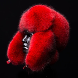 Bright Red Fox Fur Massive Fancy Bomber Aviator Trapper Cap