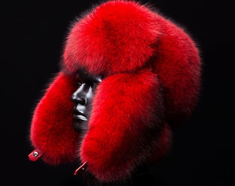 Bright Red Fox Fur Massive Fancy Bomber Aviator Trapper Cap