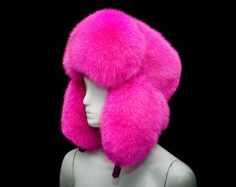 Genuine Flamingo Neon Pink Shadow Fox Fur Handmade Massive Bomber Aviator Posh Hat