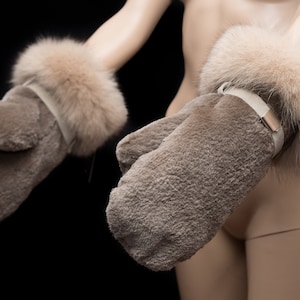 Genuine Sheared Beaver & Palomino Brown Fox Fur Mittens Gloves