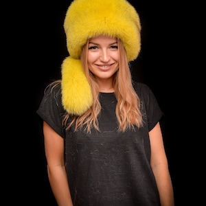 Genuine Yellow Lemon Fox Fur Stylish Ladies Flat Top Hat Cap + tail