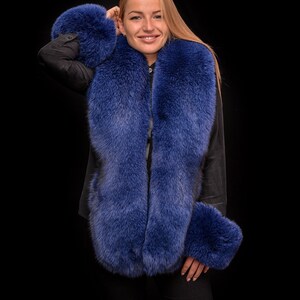 Royal Blue Fox Fur Massive Oversize Scarf Boa Stole Collar Wristbands
