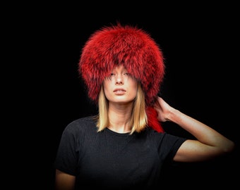 Echte rode pluizige wasbeerbont dames winter bubble kozakkenhoed pet + staart