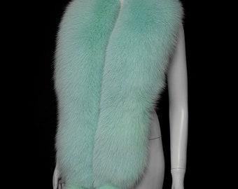 Mint Green Fox Fur Femme Élégant Écharpe Oversize Boa Stole Shawl Collar With Tails