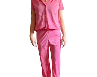 Vintage Pink Vanity Fair Pajama Set Size Small Short Sleeve Top Long Pants USA Lounge Wear