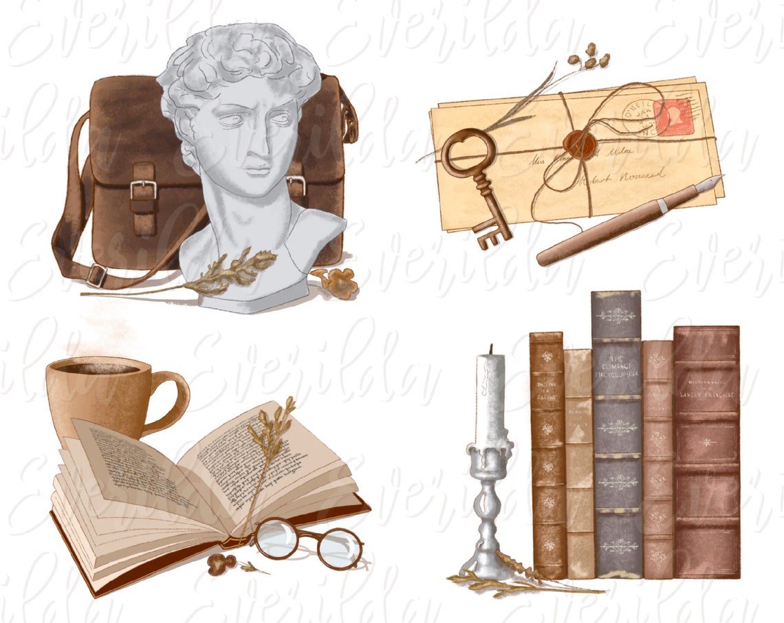 dark academia aesthetic clip art hand drawn old fashioned etsy