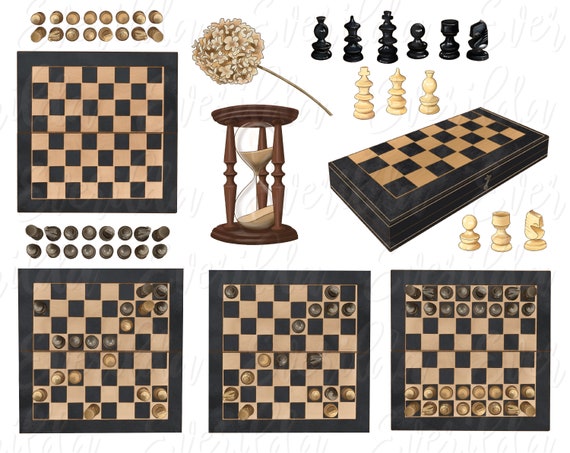 King. Chess piece made in the form of illustrations and icons. Black and  white king with a description of the position on the chessboard and moves.  Educational material for beginner chess players.