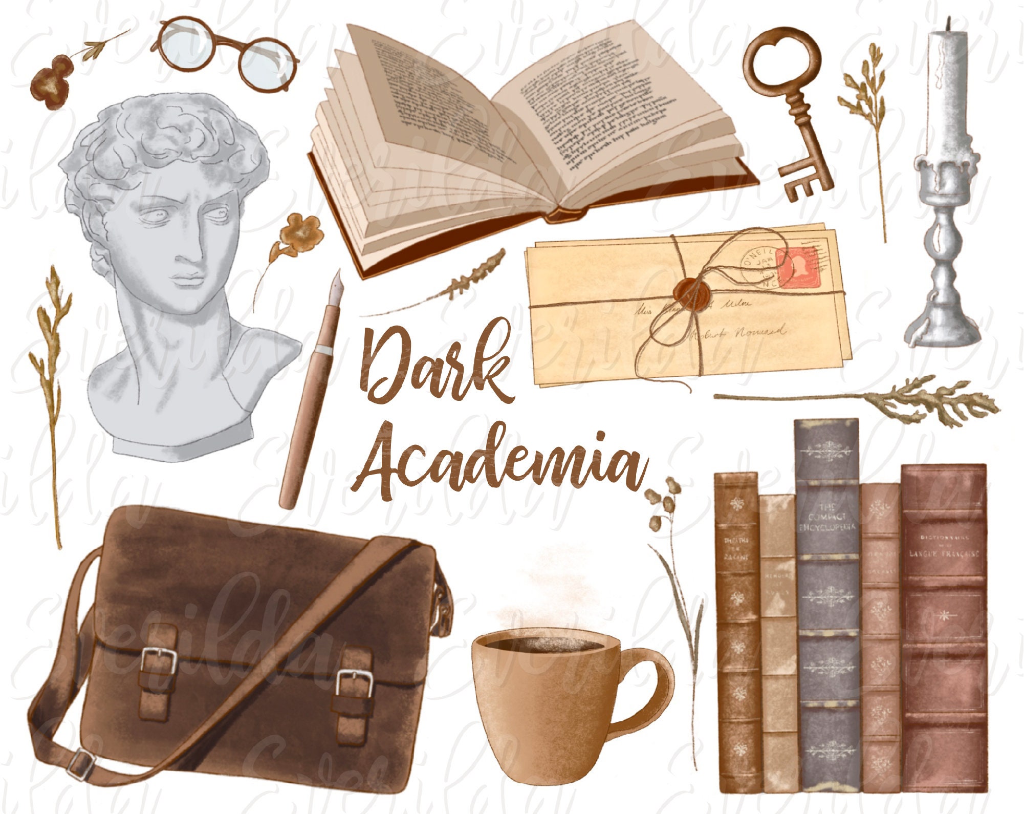 Dark Academia Aesthetic Clip Art, Hand Drawn, Old Fashioned Vintage Icons,  Printable Sticker Pack, Digital Clipart 