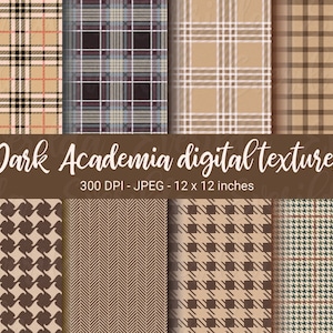 Texture digitale Dark Academia, carta digitale pied de poule tartan, modelli di controllo, sfondo in tessuto di carta scrapbook stampabile senza cuciture