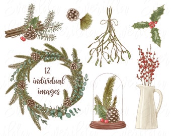 Winter greenery clipart, Christmas Botanical Elements, Pinecone Evergreen Holly Mistletoe Branch Berry wreath, printable sticker pack.