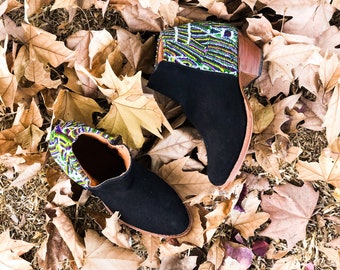 Ix-Nahual Leather Ankle Boots, Women Boots, Handmade Boots from Guatemala, Fall Boots, Black Sued Boots, Boho Boots