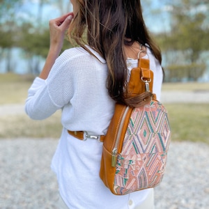 Liberty Moon - Full Grain Leather - Embroidered - Sling Bag - Crossbody Bag - Traveler Sling Backpack - Camel 01