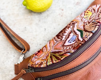Brown Crossbody Belt Bag - Huipil Sling Bag - Boho Bag - Embroidered Leather Crossbody 02