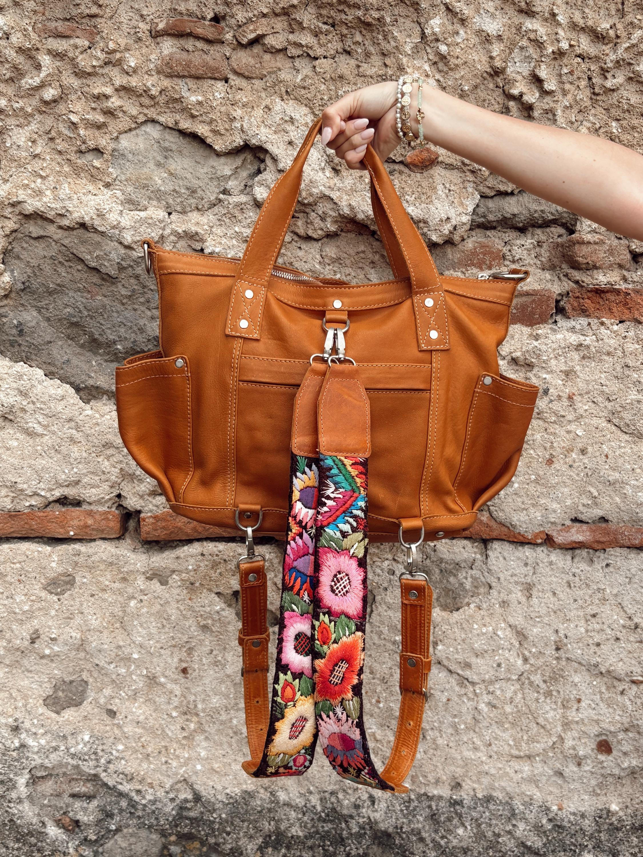 Convertible Small Backpack, Huipil Bag, Camel Leather  display picture 1