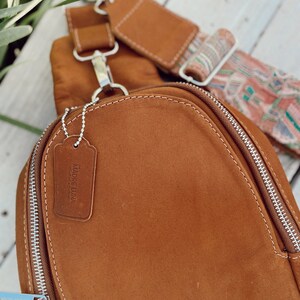 Liberty Moon - Full Grain Leather - Embroidered Strap - Sling Bag - Crossbody Bag - Traveler Sling Backpack - Camel 04