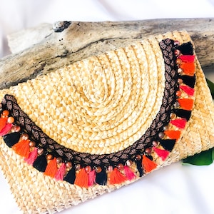 Envelope Clutch with Tassels, Boho Clutch, Summer Clutch, Straw Clutch, Handmade Clutch Bag, Black Tassel