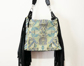 Finge boho-tas, westerntas, leren portemonnee met franje, zwart leren bohotas, crossbodytas met franje, Huipil-tas, handgemaakt in Guatemala 02