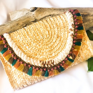Envelope Clutch with Tassels, Boho Clutch, Summer Clutch, Straw Clutch, Handmade Clutch Bag, Brown Tassel