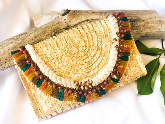 Straw clutch with tassels best sale