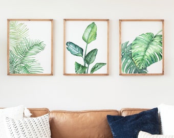 Tropical Watercolor Print Set of 3, Home Decor, Monstera Plant, Bird of Paradise Plant, Palm Leaf, House Plant